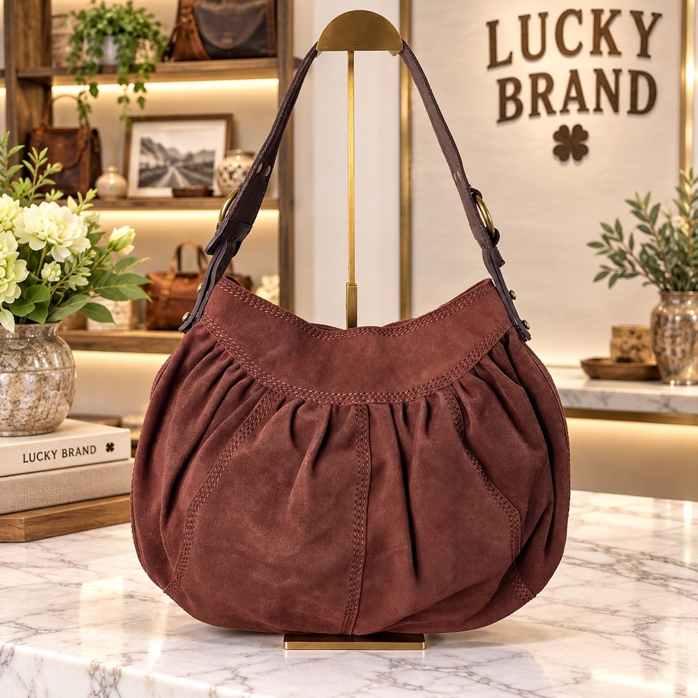 Lucky Brand Brown Suede Hobo Bag Vintage Inspired Slouchy Shoulder Bag Floral